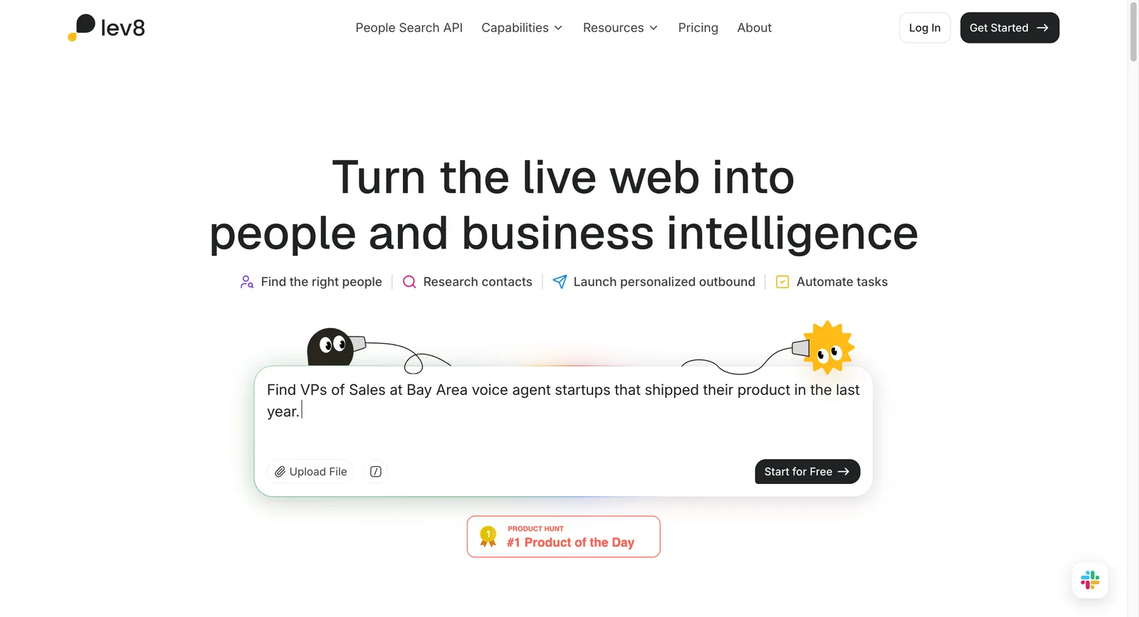 Lev8 homepage showing a natural-language people search for matching prospects