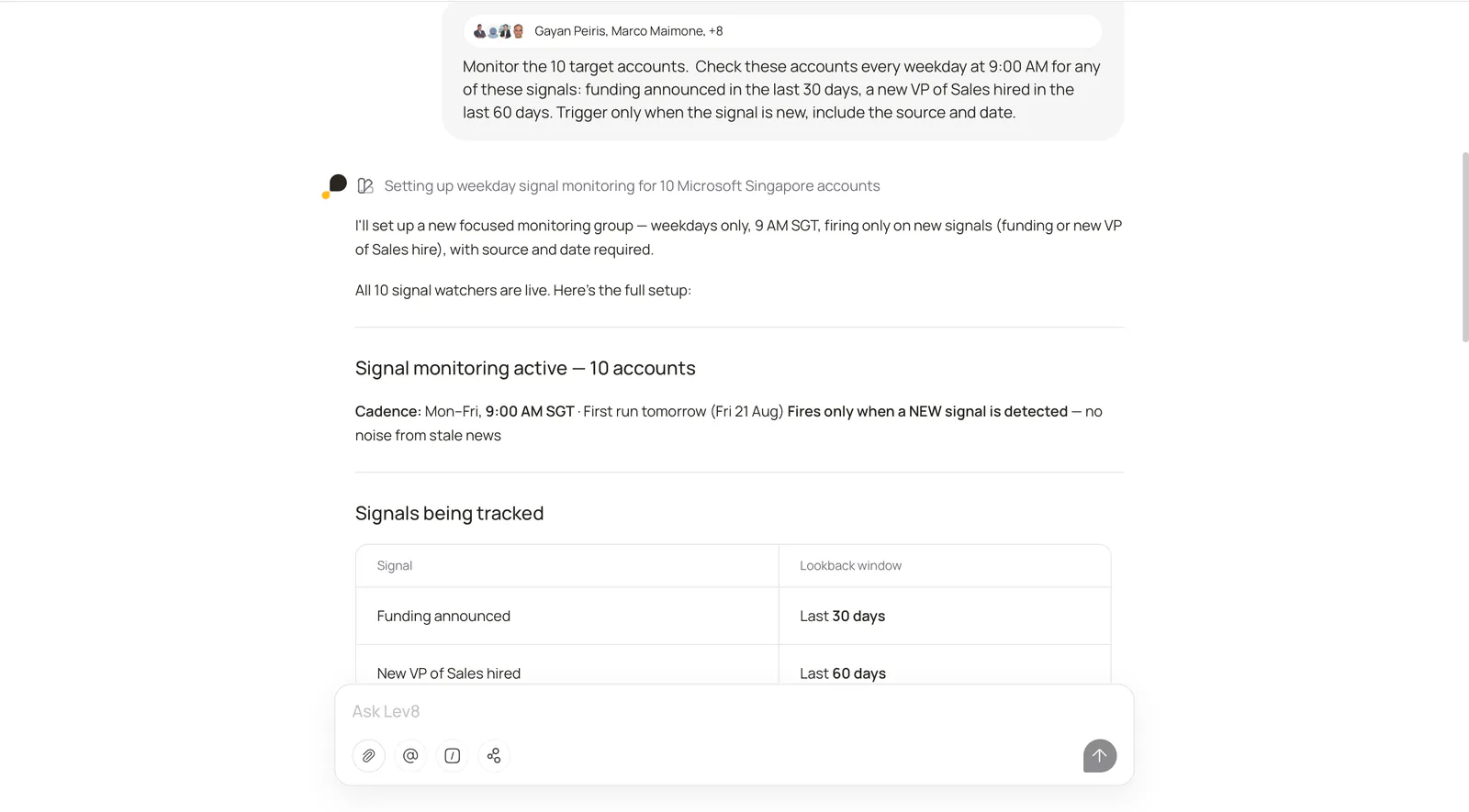 Lev8 setting up recurring buying-signal monitoring for ten target accounts.