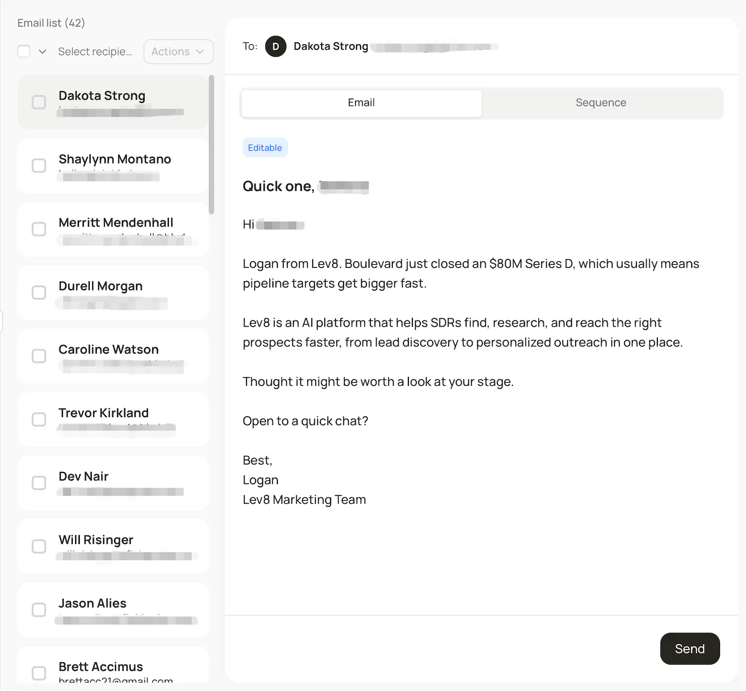 Lev8 drafting a personalized email based on a detected account buying signal.