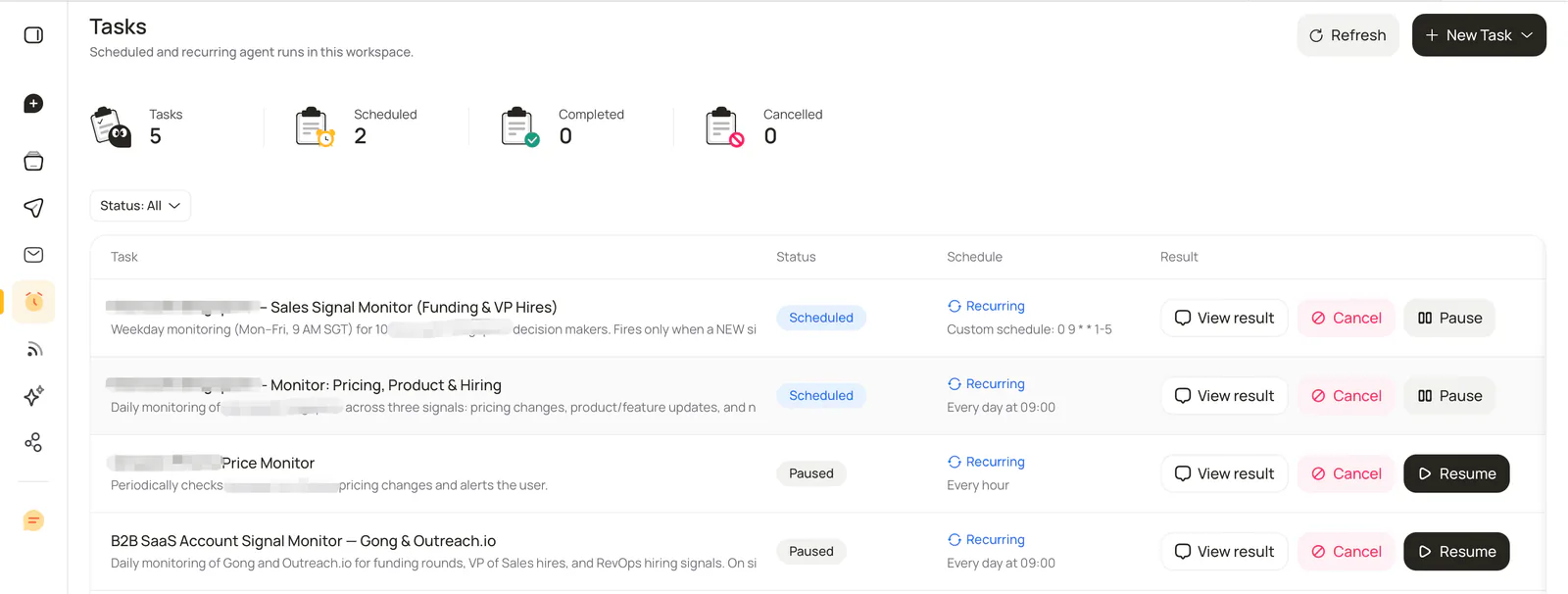 Lev8 Tasks page showing target-account signal monitors, schedules, results, pause, and cancel controls.