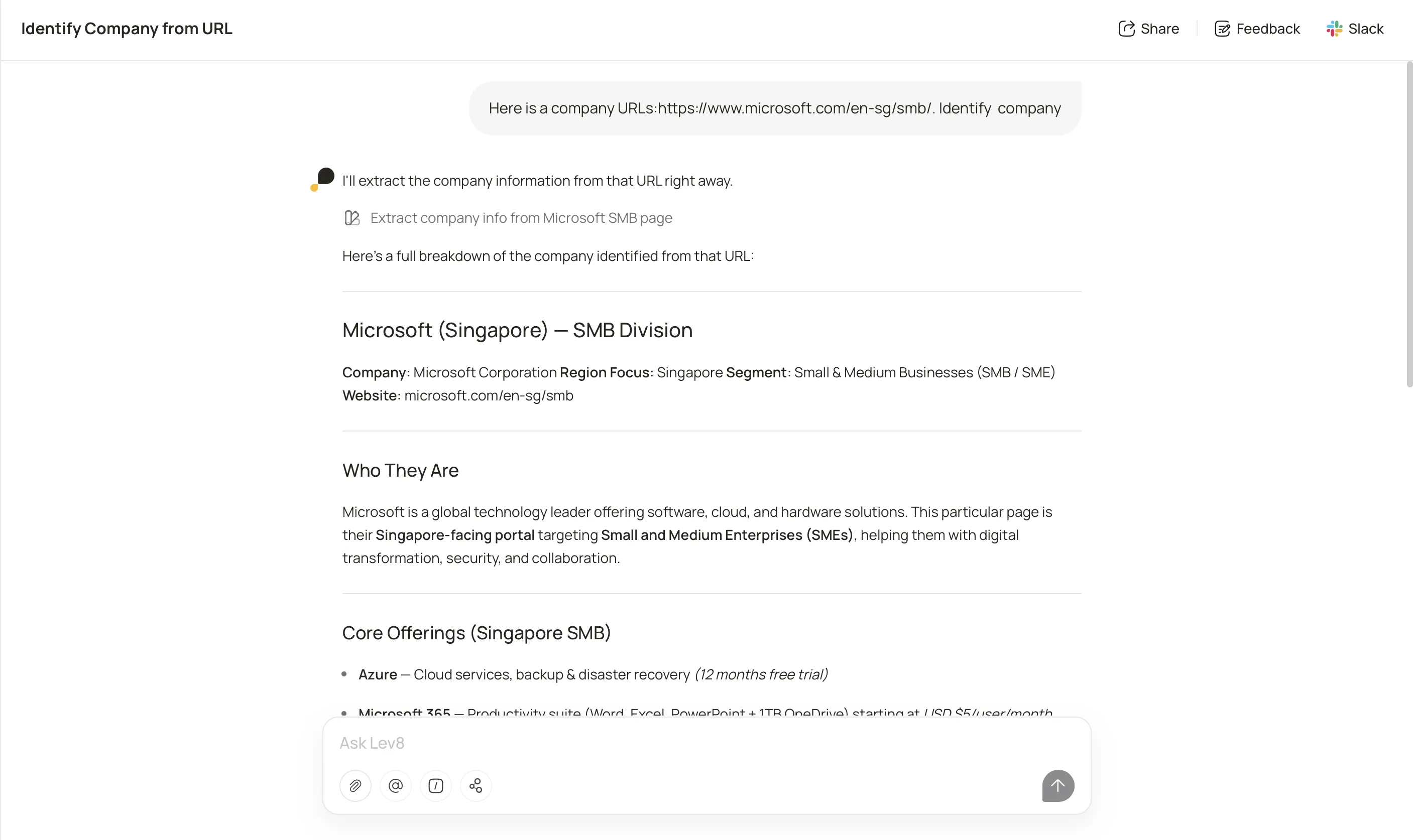 Lev8 identifies the company behind a submitted URL and returns structured company details.