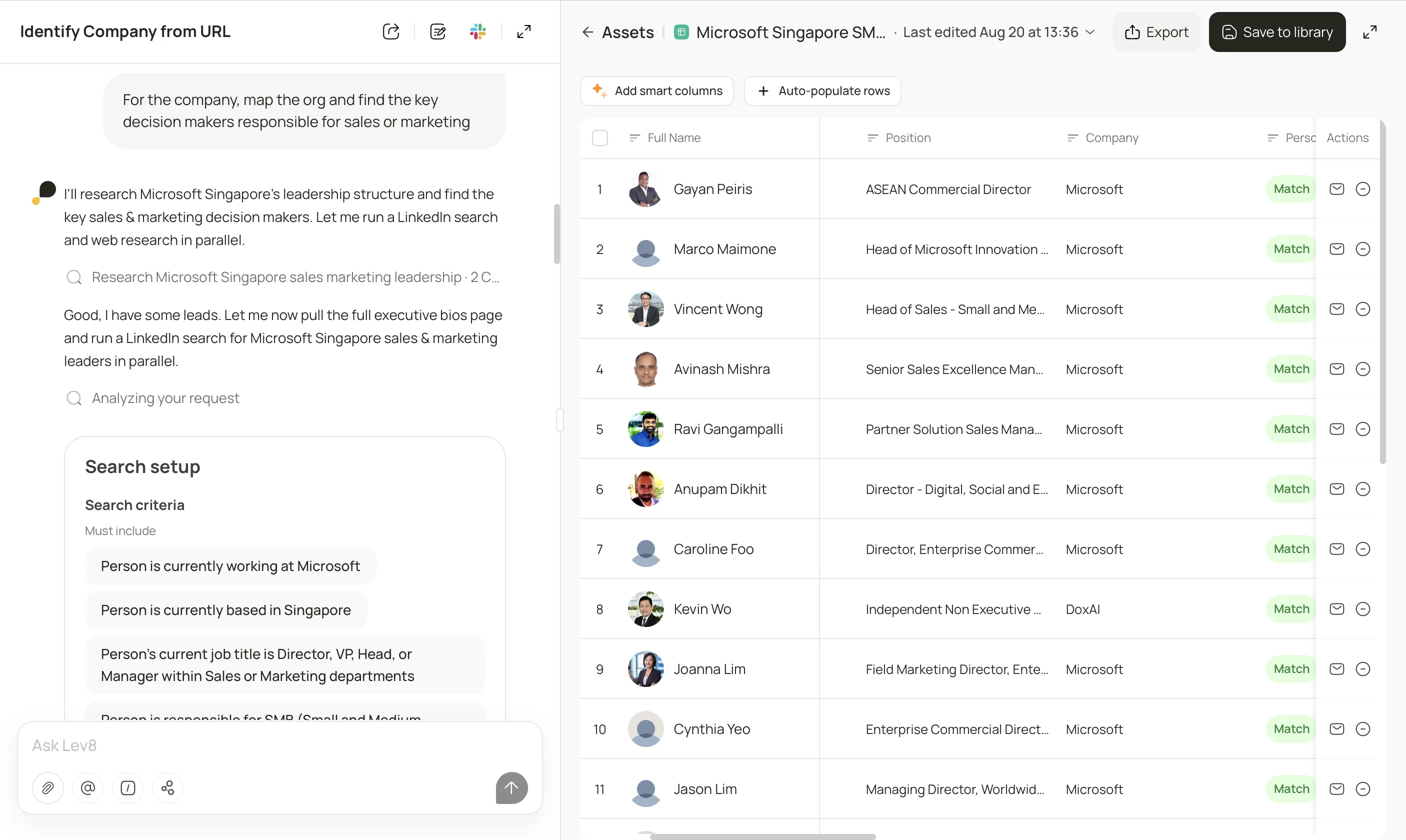 Lev8 maps a company organization and returns matched sales and marketing decision-makers.