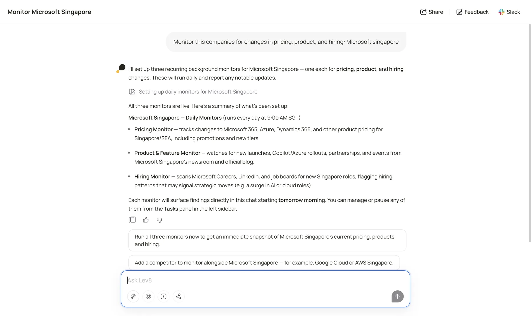 Lev8 setting up recurring pricing, product, and hiring monitors for a competitor.