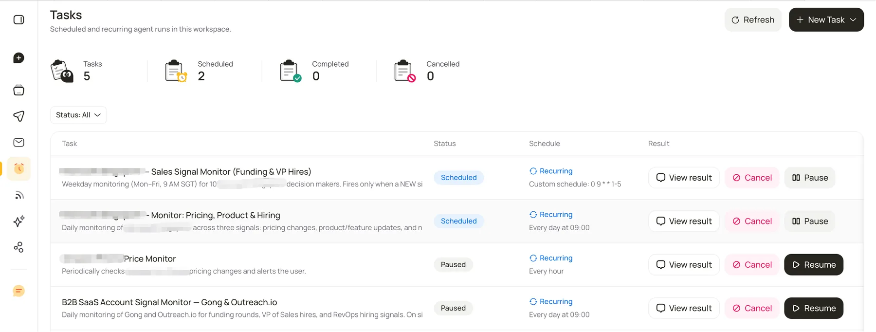 Lev8 Tasks page showing recurring competitor monitoring status, schedule, results, pause, and cancel controls.