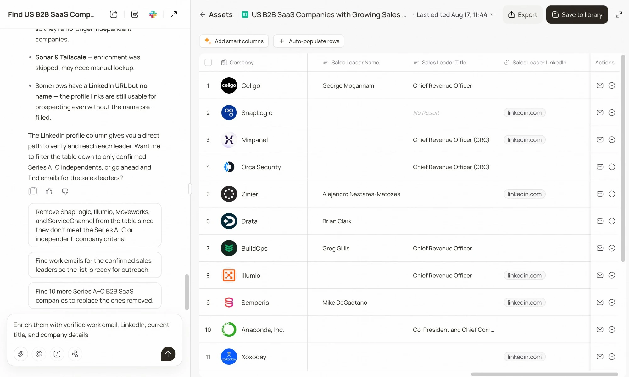 Lev8 asset table enriched with sales leader name, title, and LinkedIn for each company.