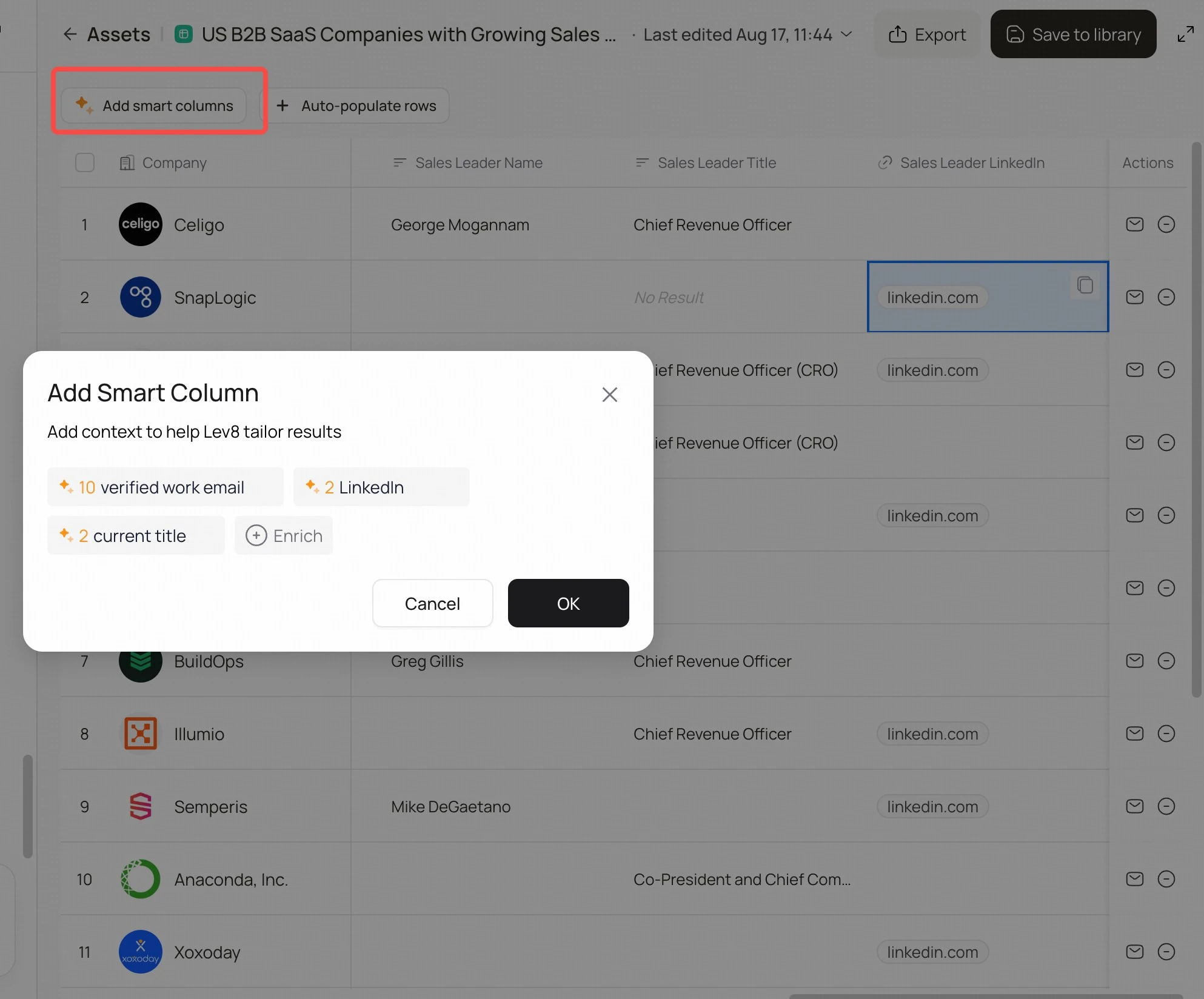 Lev8 Add Smart Column dialog for enriching a table with verified work email, LinkedIn, and current title.