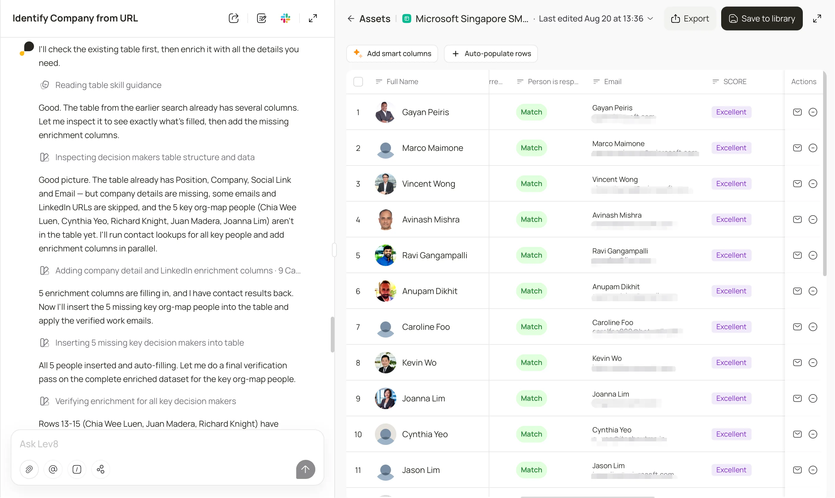 Lev8 enriches an existing lead list with matched, high-confidence work emails.