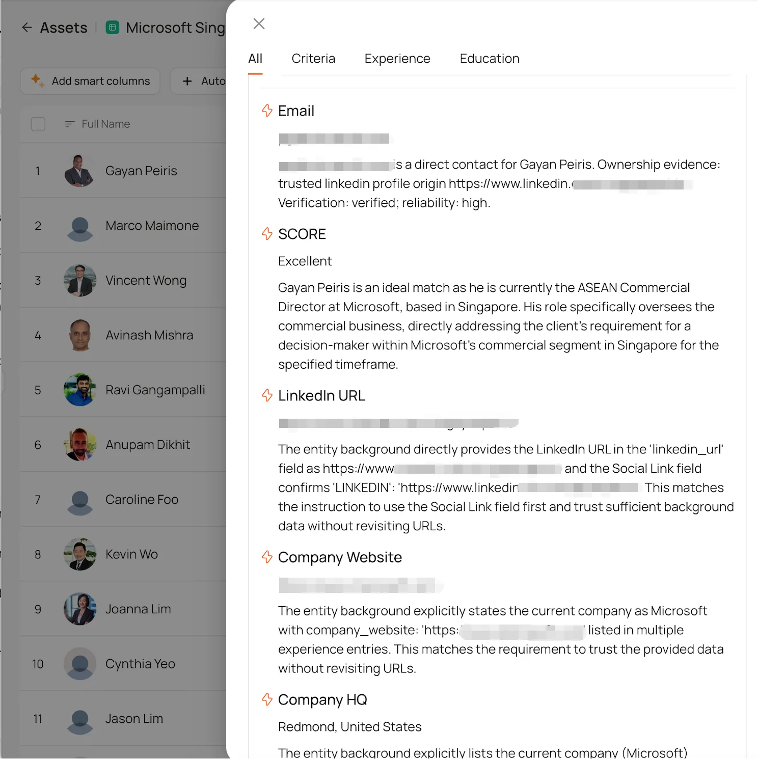 Lev8 verification details showing email evidence, score, LinkedIn URL, and current company information.
