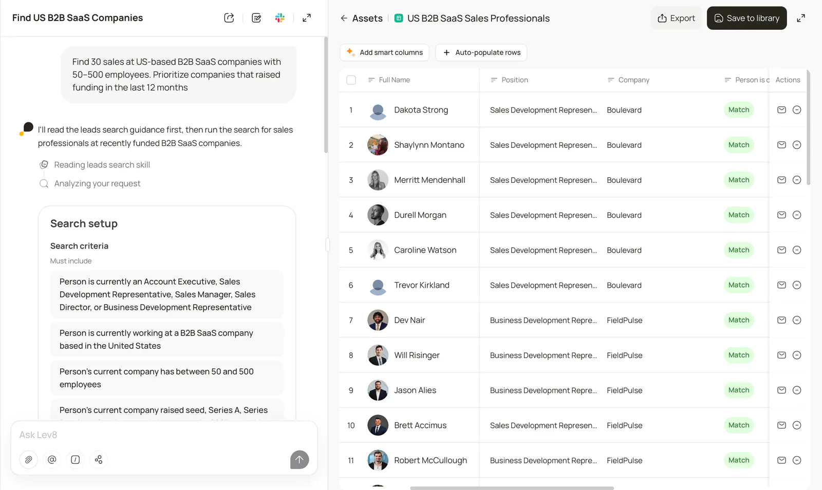 Lev8 finding ICP-fit prospects and organizing them by company, title, and qualification signals.