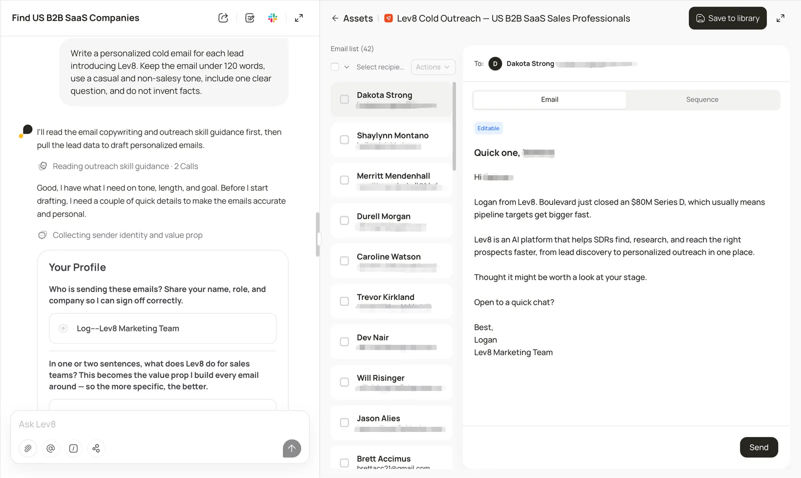 Lev8 generating personalized cold emails based on real prospect and company signals.
