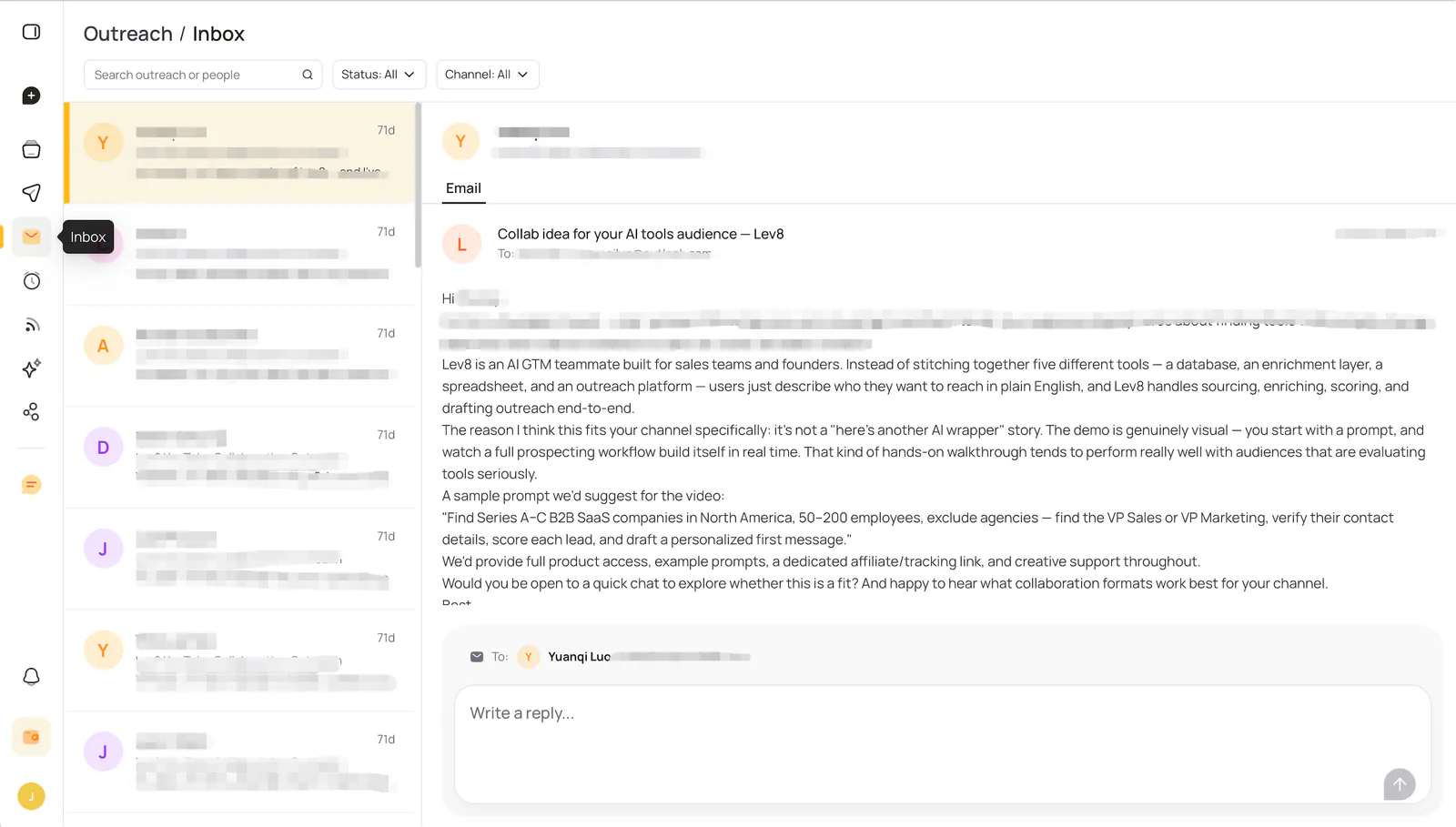 Lev8 Outreach Inbox with a prospect conversation and individual reply composer.