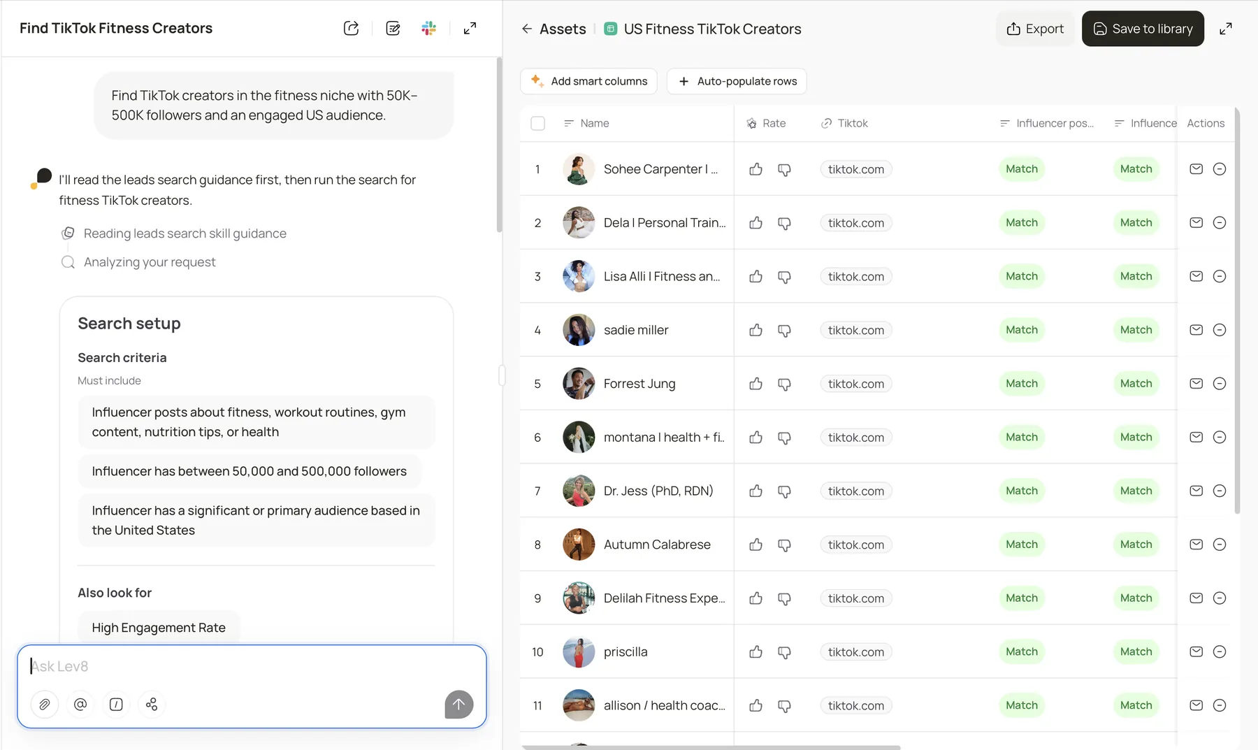 Lev8 finding fitness creators on TikTok and compiling them into a qualified creator table.