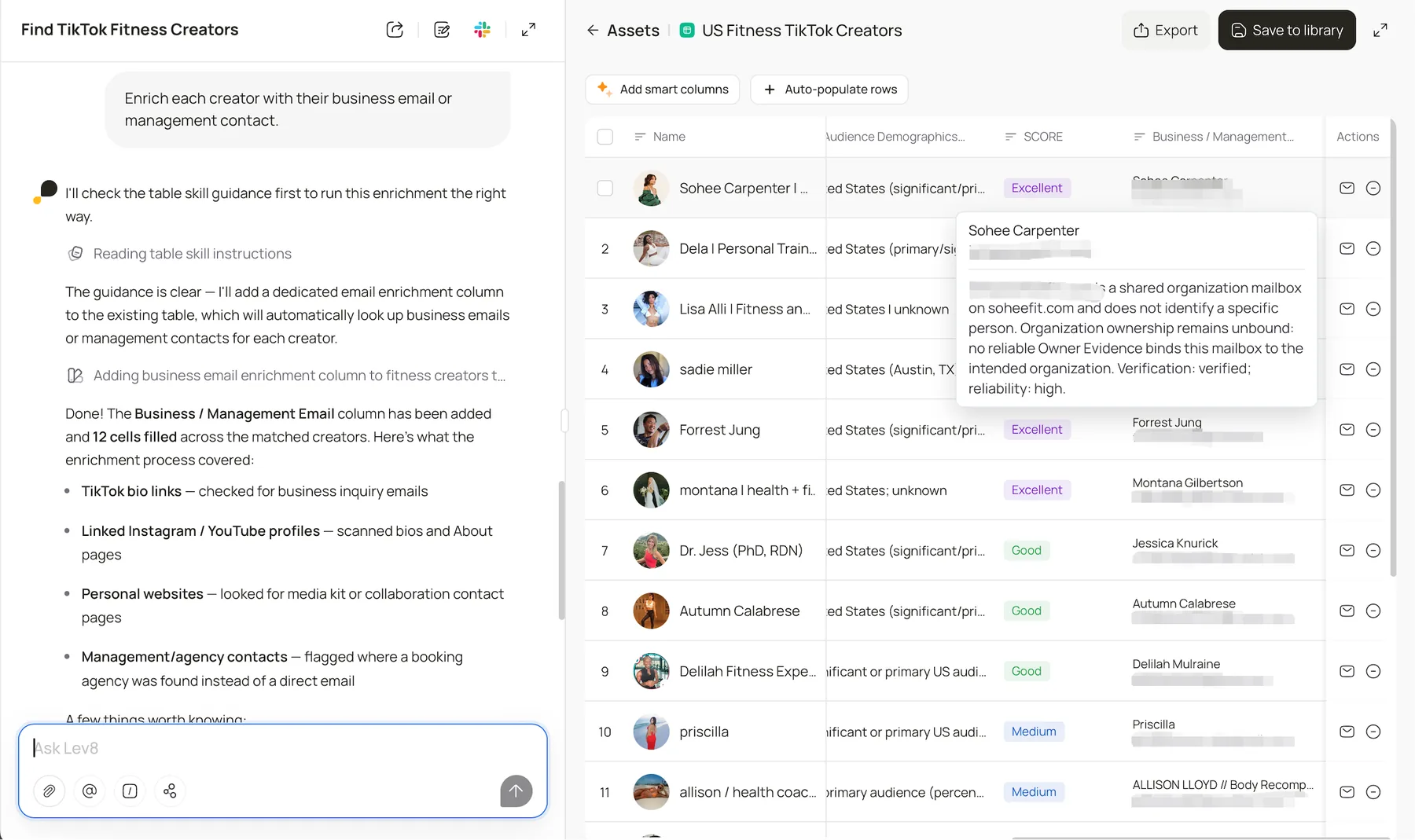 Lev8 enriching creator profiles with verified business or management contact information.