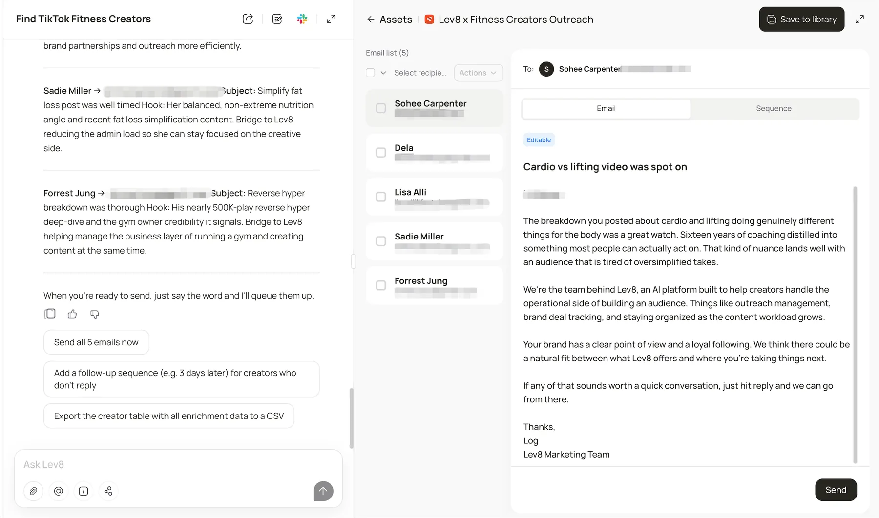 Lev8 drafting personalized collaboration outreach emails for selected creators.