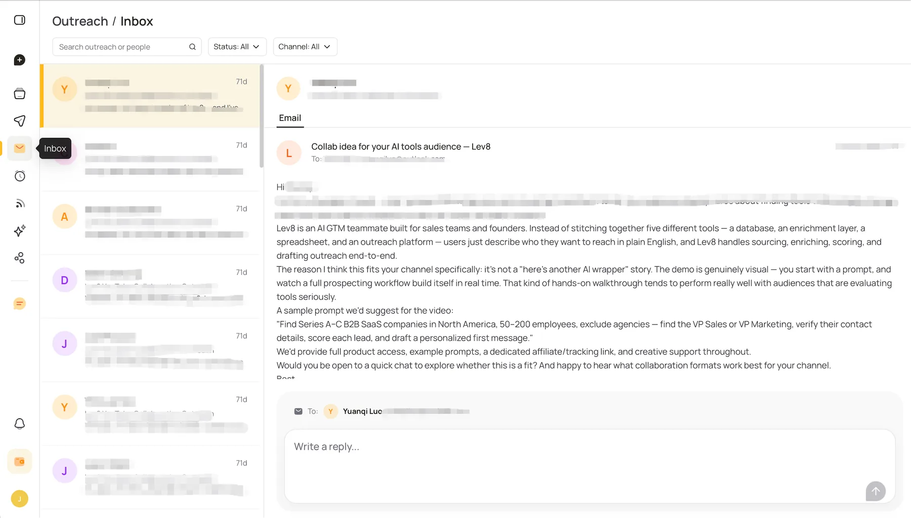 Lev8 Outreach Inbox with a contact conversation and individual reply composer.