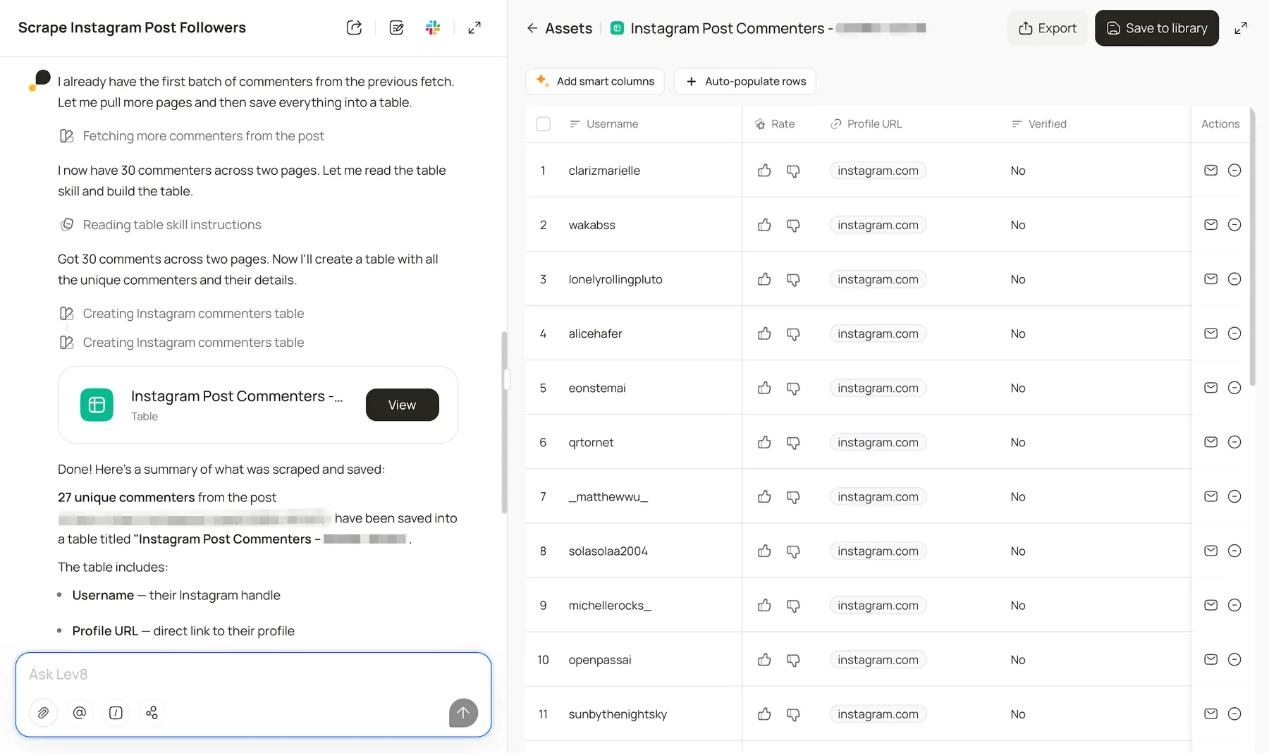 Lev8 scraping commenters from an Instagram post into an Instagram Post Commenters table.