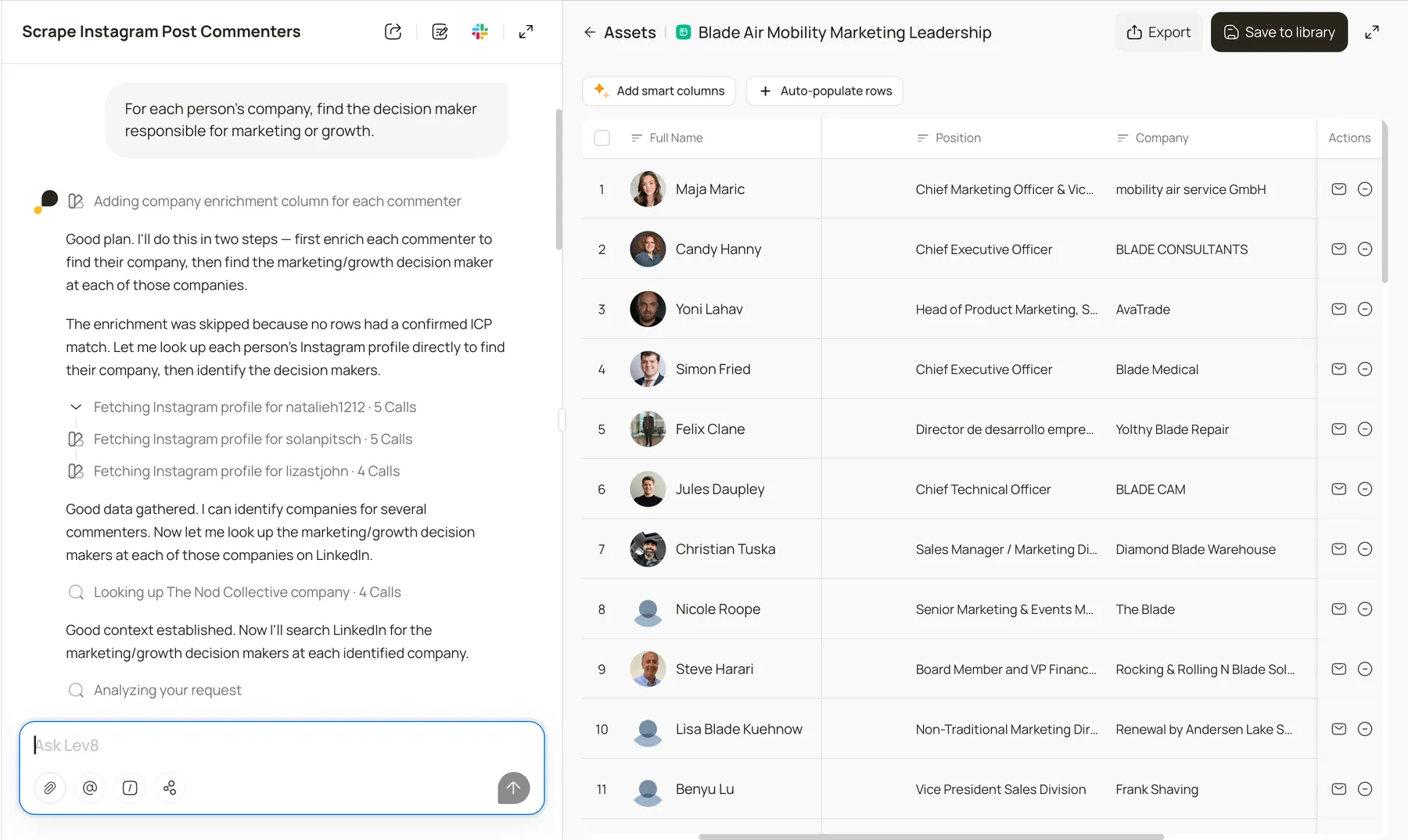 Lev8 identifying marketing and growth decision-makers for companies behind Instagram commenters.