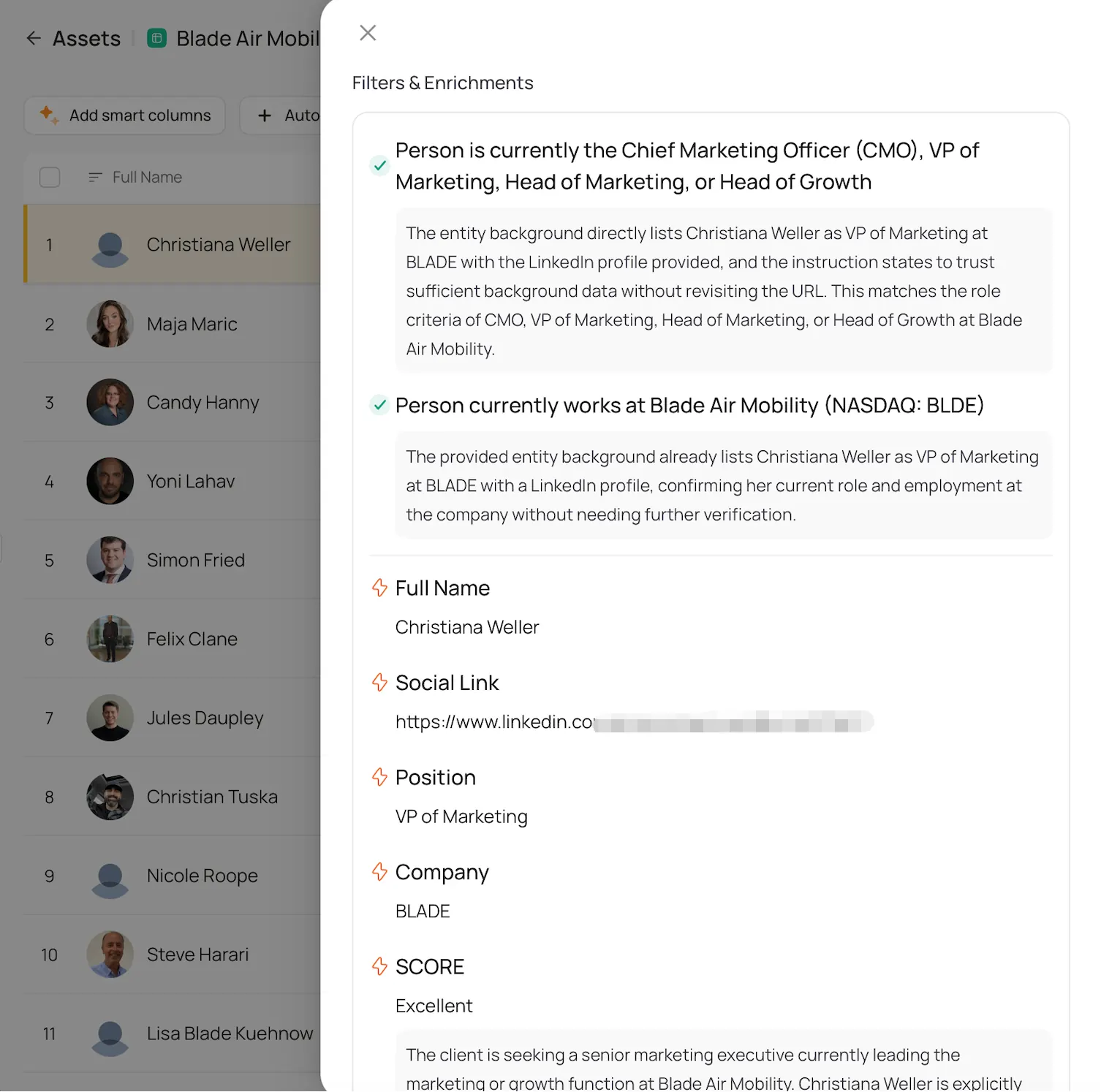 Lev8 filters and enrichment panel with a verified decision-maker role, company, LinkedIn profile, and score.