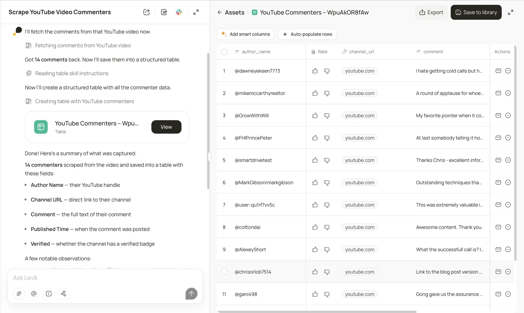 Lev8 scraping commenters from a YouTube video into a structured YouTube Commenters table.