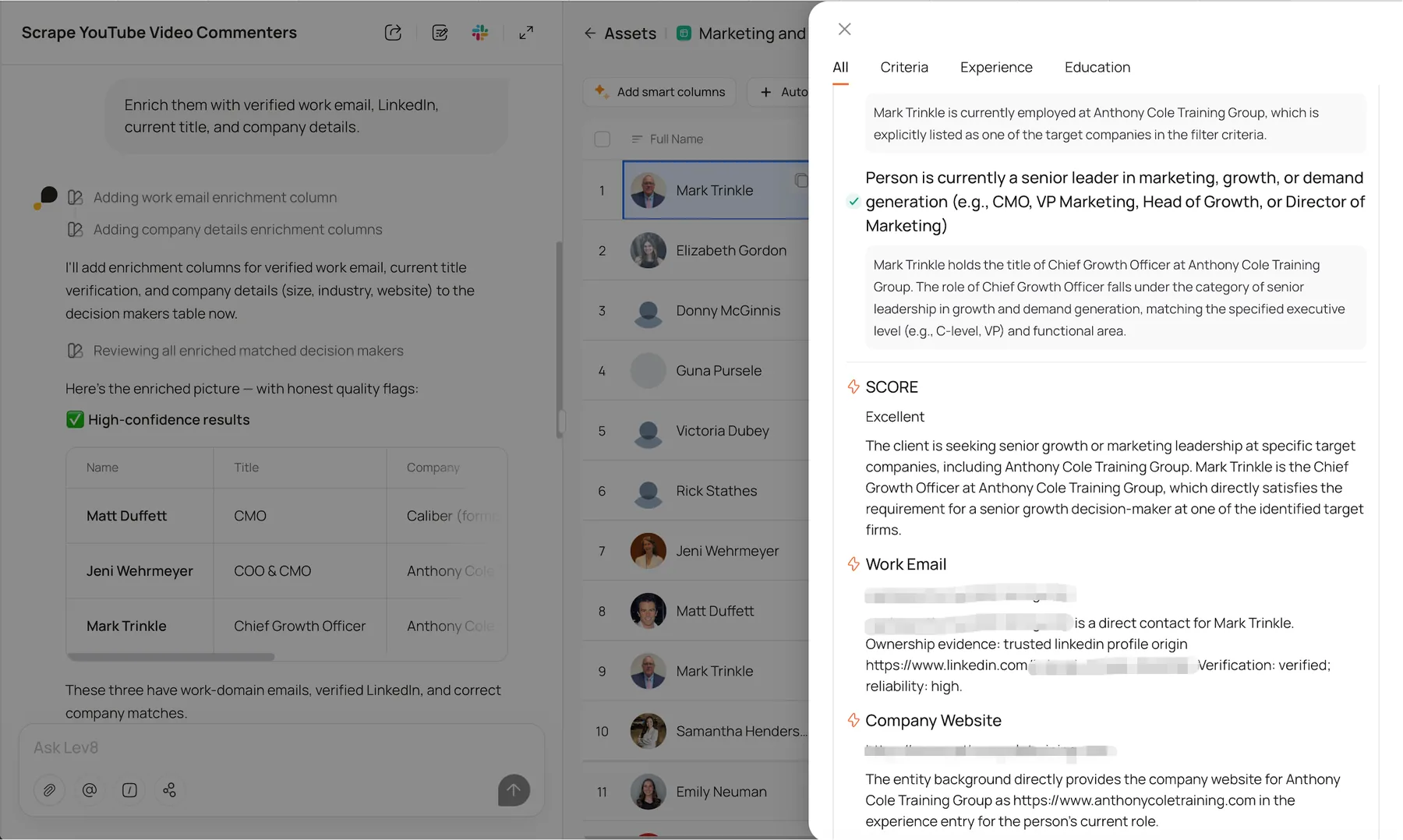 Lev8 enrichment panel with verified role, work email, LinkedIn profile, and company details.